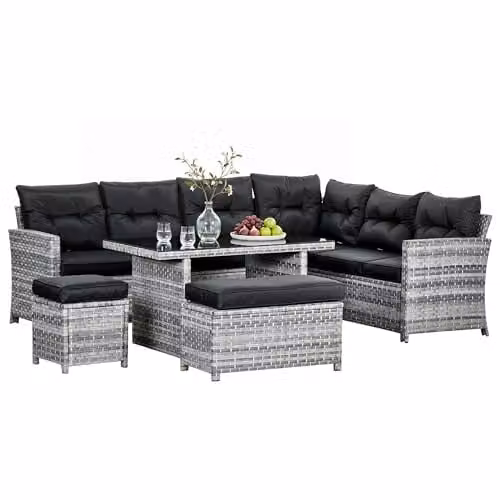 Outsunny 5 Piece L-Shape Rattan Garden Furniture Set in Grey with 3-Seater Sofa, Coffee Table, Ottoman and Cushions – 1