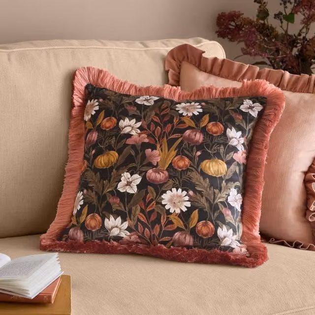 Furn Autumn Garden Fringed Velvet Cushion in Rose Multicolour, W/D/H: 45 x 45 x 45 cm