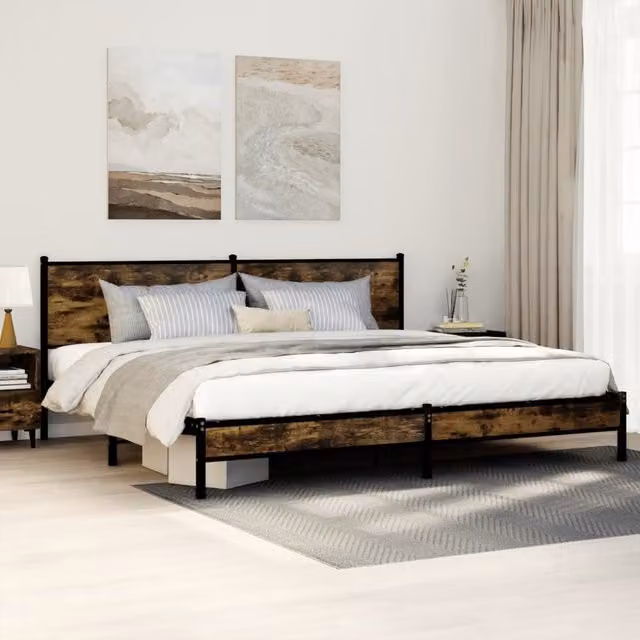 Berkfield Home Metal Bed Frame in Smoked Oak Brown, W/D/H: 200 x 200 cm – 1