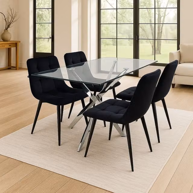 KOSY KOALA Modern Rectangular Glass Dining Table Set with 4 Black Velvet Chairs in Brown