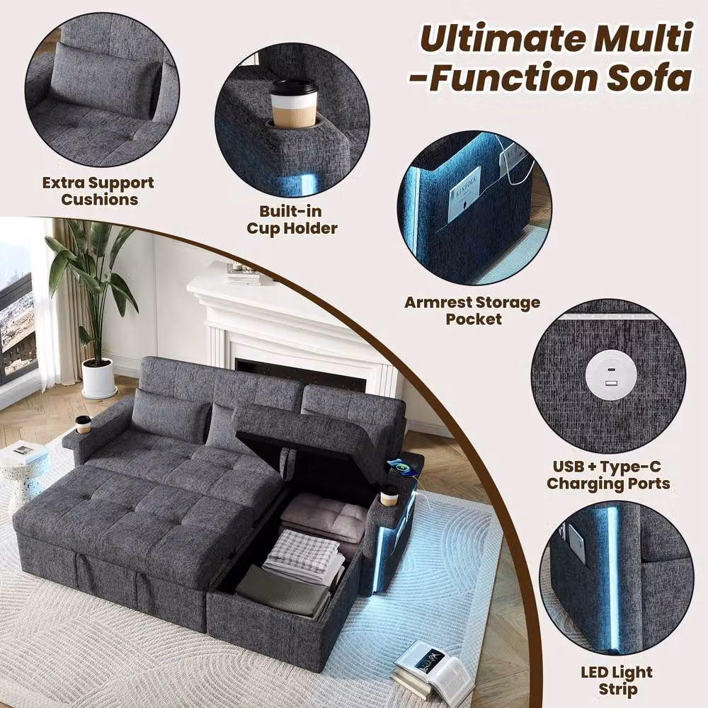 FENCHILIN Grey L-Shape Corner Pull-out Sofa Bed with LED Lighting and Adjustable Headrest – 2