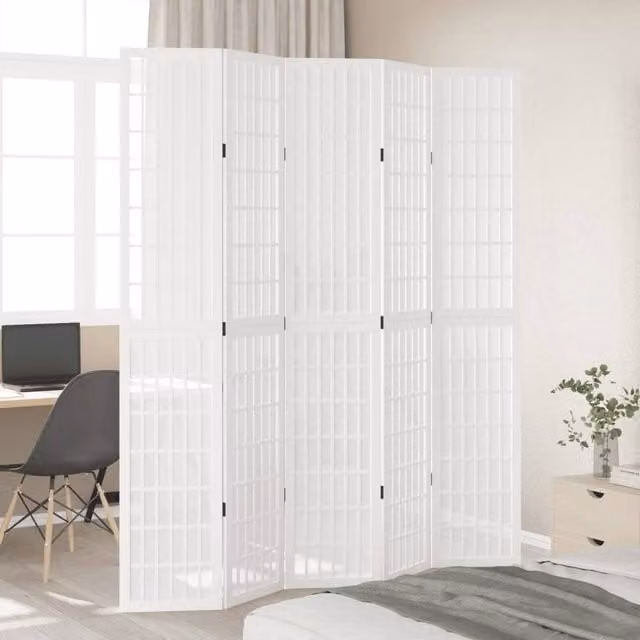 Berkfield Home 5 Panel Room Divider in White Solid Paulownia Wood, H 180 cm x W 220 cm