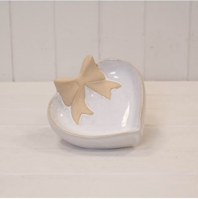KDMD Heart Shaped Shallow Dish with Unglazed Bow Design in White