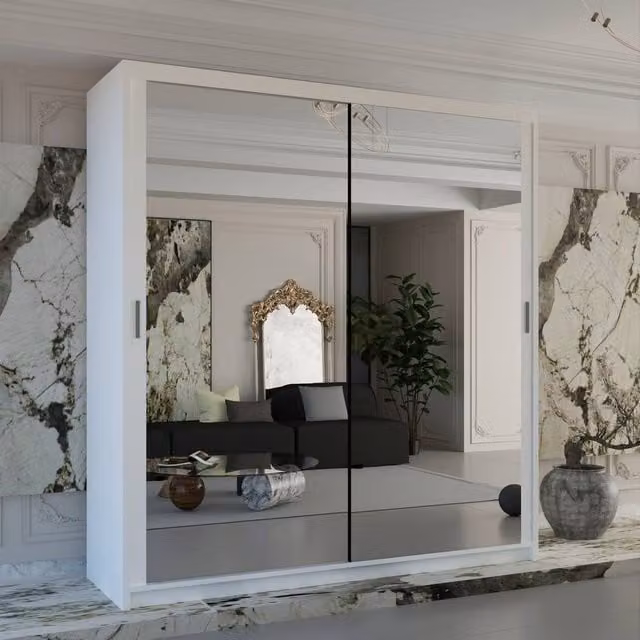 Sliding Wardrobes 4U Double Mirror Sliding Wardrobe with LED Light, White, W: 203 cm, H: 217 cm, D: 62 cm