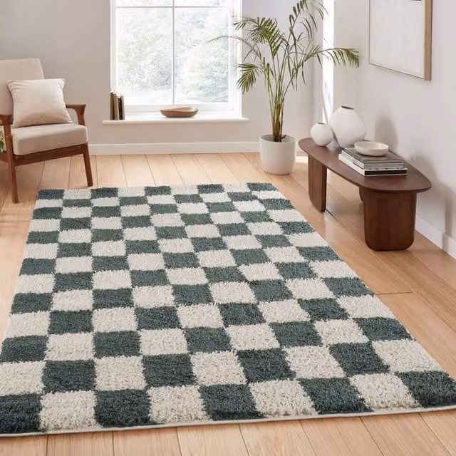 Desire Rugs Chester Modern Checked Shaggy Area Rug, Green, W: 60 cm, L: 220 cm