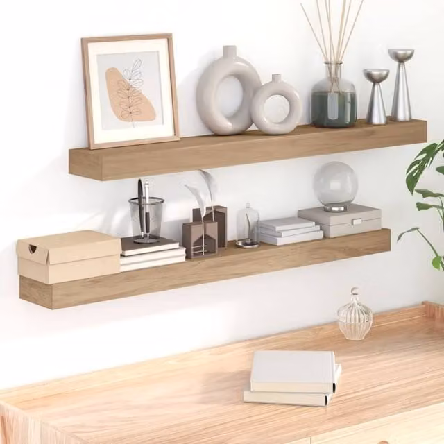 Berkfield Home Set of 2 Rustic Solid Wood Teak Wall Shelves, Brown, W: 110 cm, D: 15 cm, H: 6 cm