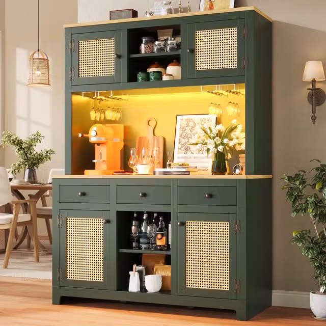 Aosom UK Antique Green Tall Kitchen Storage Cabinet with Colour-Changing Lighting and Adjustable Shelves, H 180 x W 120 x D 40 cm