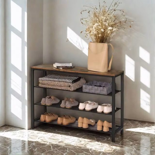 Pirlo Plush 4 Tier Brown and Black Rustic Shoe Rack Hallway Storage Organiser