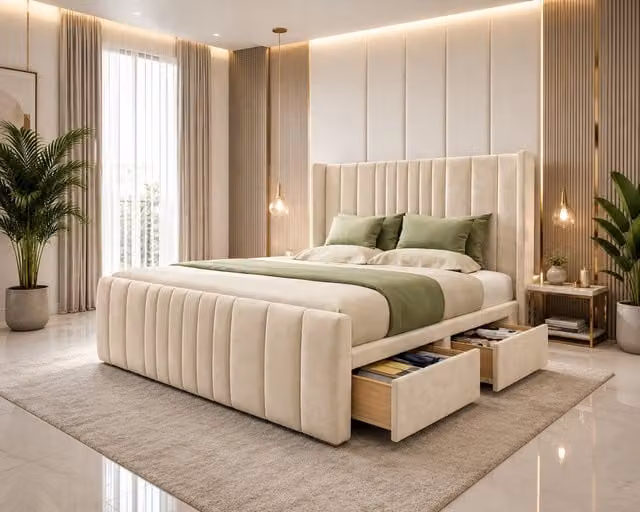 K Mehmood Enterprise Ltd Premium Orthopaedic Divan Bed Set with Drawers and Headboard in Beige Fabric
