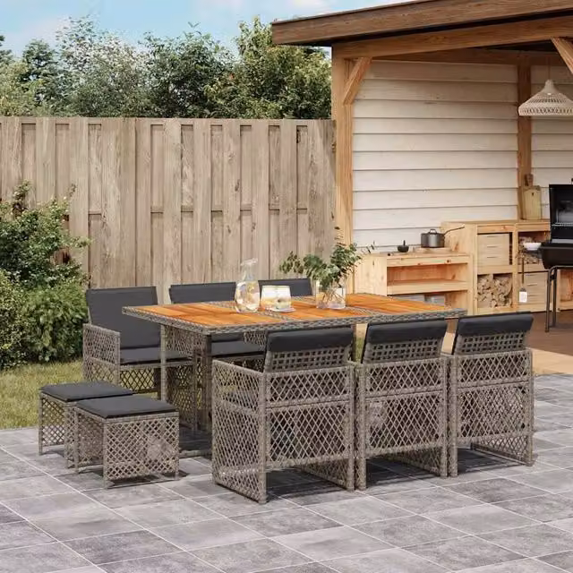 Berkfield Home 11 Piece Grey Poly Rattan Garden Dining Set with Cushions