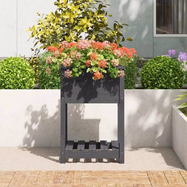 Berkfield Home Grey Solid Wood Pine Planter with Shelf, W/D/H: 54 x 54 x 81 cm – 1