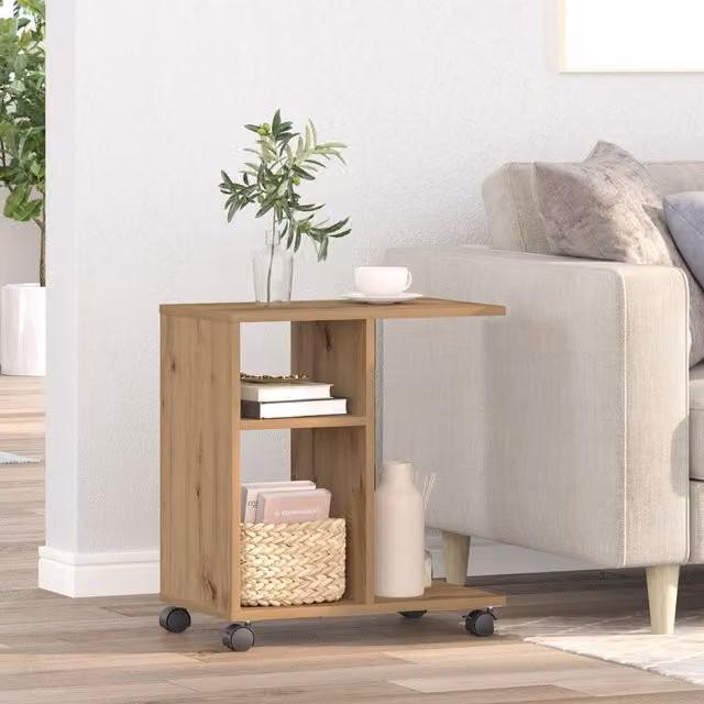 Berkfield Home Artisan Oak Side Table on Wheels in Brown, W/D/H: 50 x 30 x 55 cm – 1