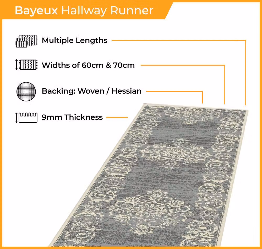 runrug Bayeux Hallway Carpet Runner Rug in Grey, W/D/H: 60 x 210 cm – 2