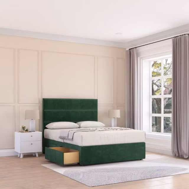 Sloomy Texas Super King Divan Bed Base and 26 inch Struts Headboard in Emerald Green Velvet