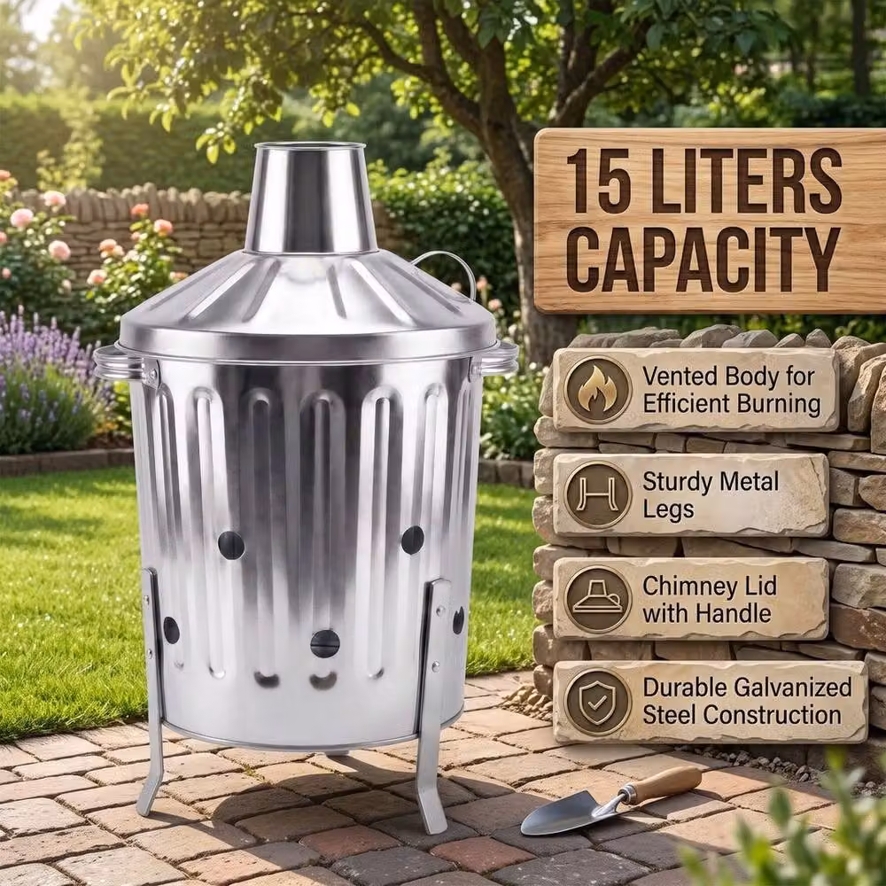Spetlek 15L Incinerator Fire Bin in Silver Galvanised Steel with Flip Lid – 3