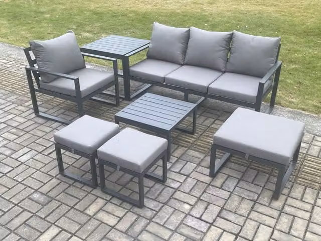 Fimous Aluminium Outdoor Garden Furniture Set in Dark Grey with Lounge Sofa, Armchairs, Coffee Table and 3 Footstools
