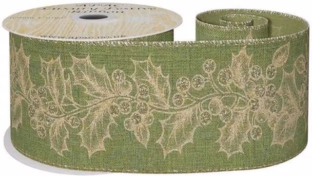 KDMD Green and Gold Holly Ribbon, Width: 6.3 cm, Length: 9.14 m