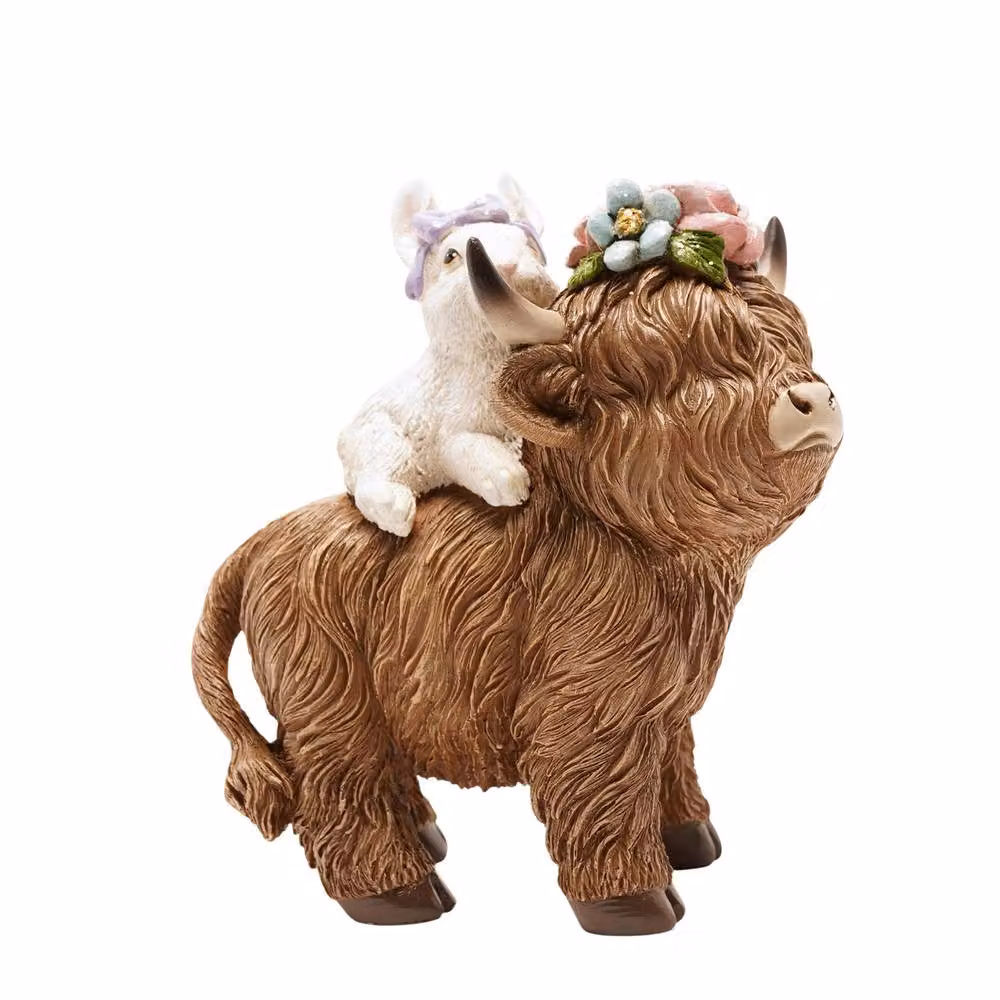 Country Living Spring Bunny Riding Highland Cow Tabletop Decoration in Brown – 2