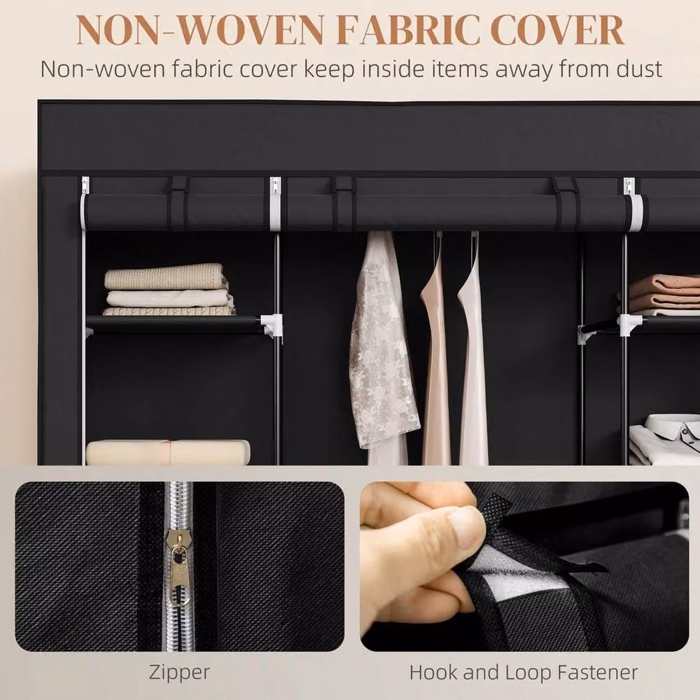 EONLION Portable Fabric Wardrobe in Black with Internal Shelves and Hanging Rod, Width: 100 cm – 3