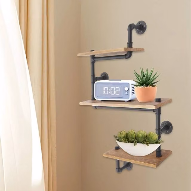 EONLION 3-Tier Brown Floating Wall Mounted Storage Rack with Wood and Metal Shelves, Width: 50 cm