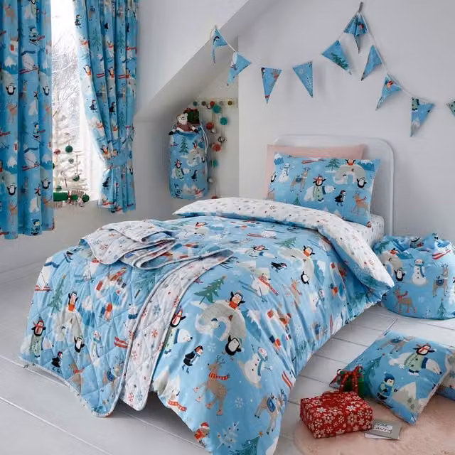 Portfolio Home Kids Festive Arctic Snow Reversible Duvet Cover and Pillowcase Set in Blue