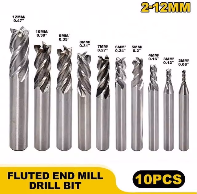 SPETLEK 10-Piece 4-Flute End Mill Set, 2-12mm, Silver