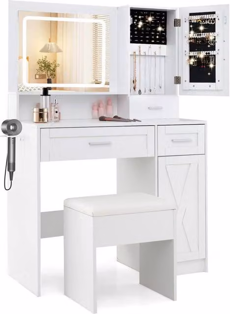 Costway Farmhouse Makeup Vanity Desk and Stool Set with Hollywood LED Lighting in White – 1
