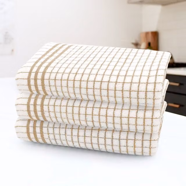 Kitchen Trends Set of 3 Highly Absorbent Striped Cotton Tea Towels in Beige