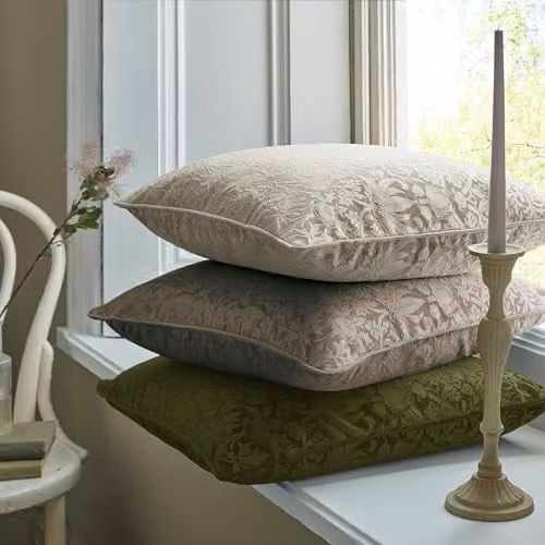 William Morris At Home Strawberry Thief Velvet Embossed Microfibre Filled Square Cushion, Green, W/D/H: 50 x 50 x 50 cm – 2