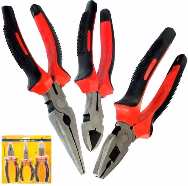 BARGAINS-GALORE 3-Piece Heavy Duty 6 inch Combination, Long Nose and Side Cutter Pliers Set in Red