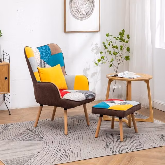 Livingandhome Classic Abstract Wingback Armchair with Ottoman in Yellow Multicolour Fabric