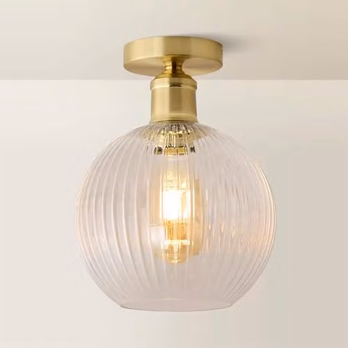 ValueLights Maddison Clear Ribbed Glass Sphere Flush Ceiling Light in Gold/Brass – 1