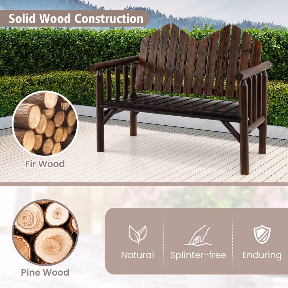 Costway 2-Seater Solid Pine Wood Patio Bench Loveseat with Inclined Backrest in Brown – 5