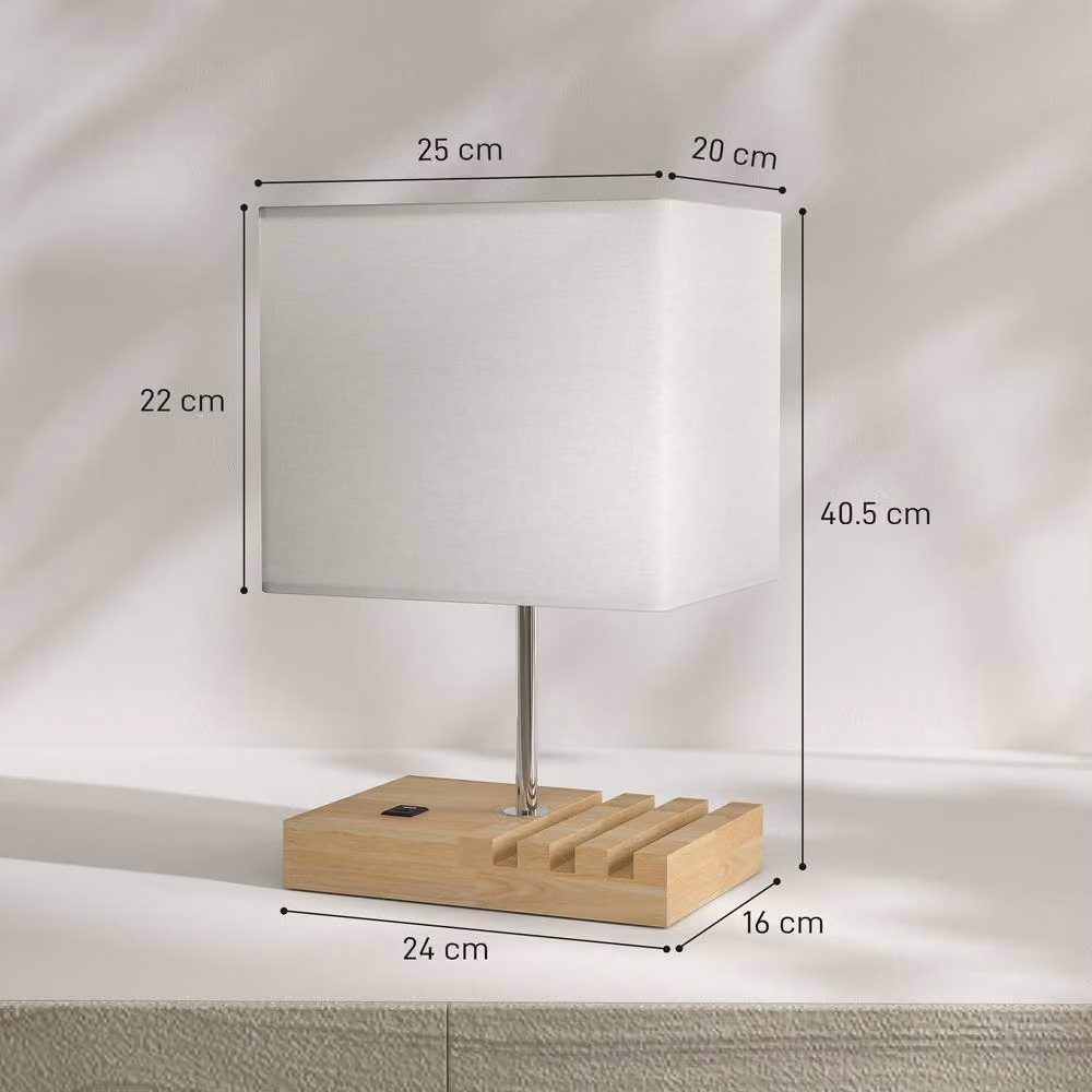 HOMCOM Modern White Table Lamp with Solid Wood Base and Fabric Shade – 3
