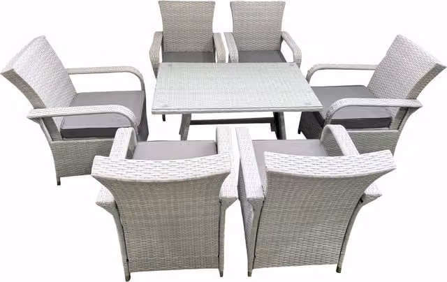Fimous Outdoor Rattan Garden Furniture Set with Rectangular Glass Top Dining Table and 7 Chairs in Light Grey