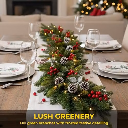 SHATCHI 2m Snow Flocked Artificial Green Christmas Garland with Warm White LED Lights, Pinecones and Red Berries – 2
