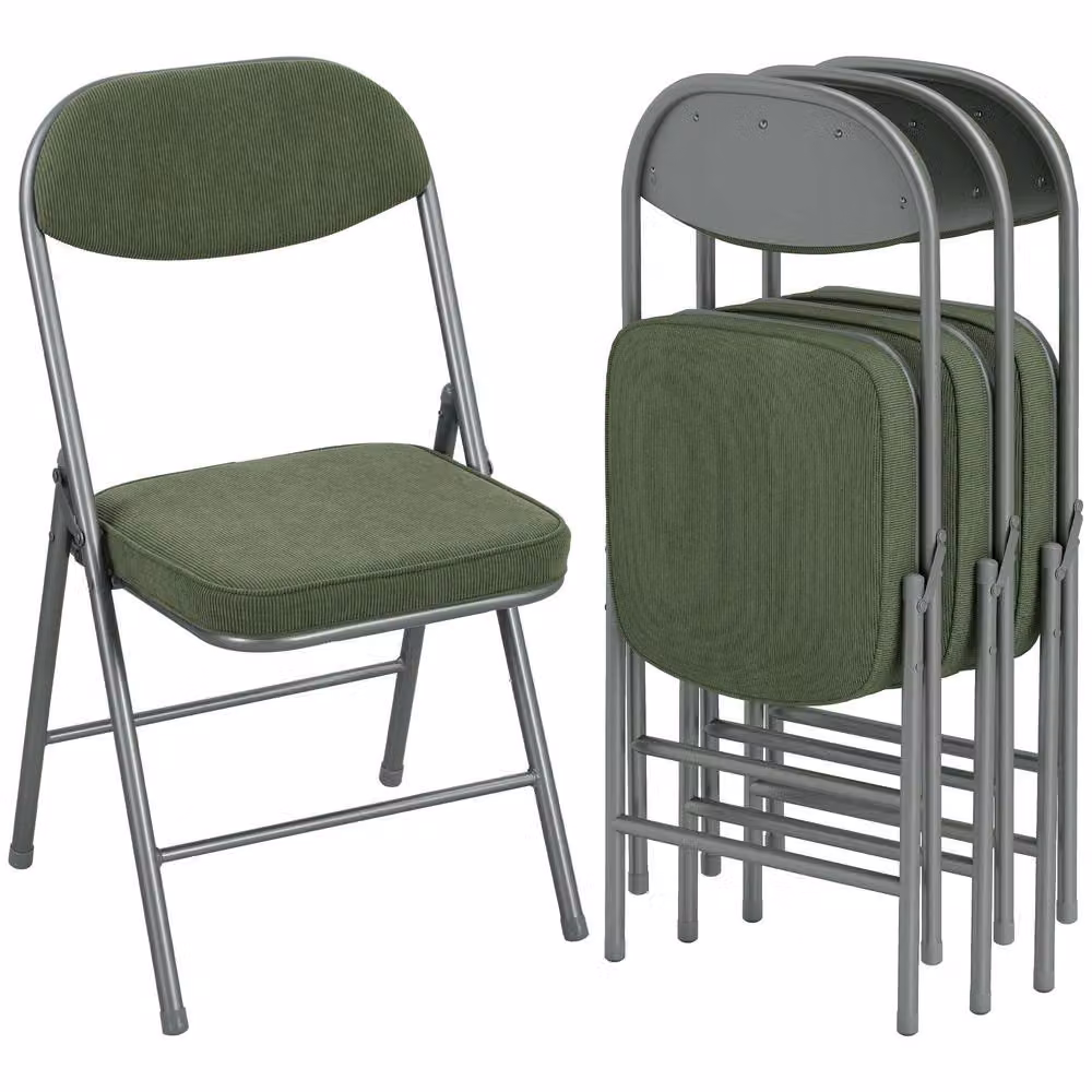 STILVORA Set of Four Green Corduroy Upholstered Folding Chairs with Metal Frame – 4