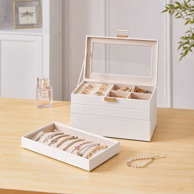 Livingandhome Stackable Fabric Jewellery Storage Box with Lid, White and Transparent