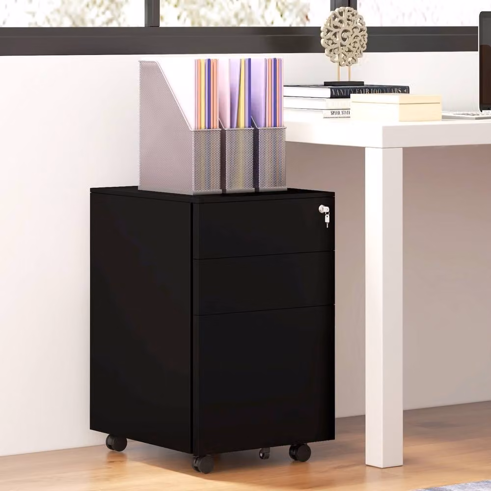 Rolipo Lockable 3-Drawer Steel Mobile Filing Cabinet with Pencil Tray in Matt Black – 4