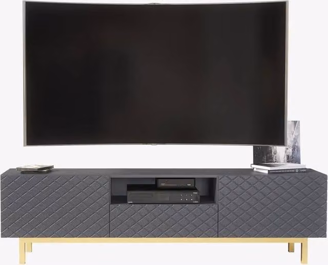 FORGEVIO Modern Grey and Gold Metal TV Stand Cabinet with Media Compartments