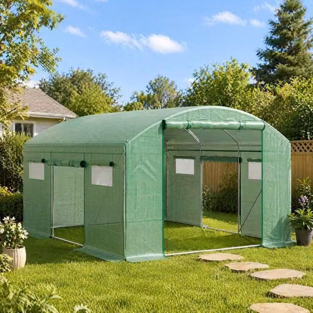 STILVORA Green Walk-In Greenhouse with 3 Doors, 6 Windows and Galvanised Steel Frame – 1