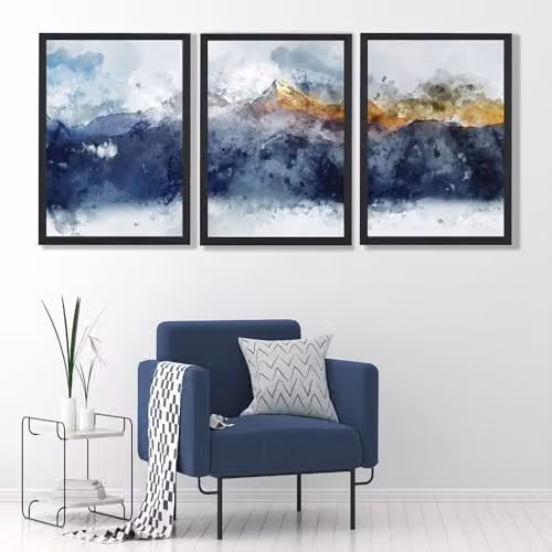 ARTZE Set of 3 Abstract Navy and Yellow Mountain Landscape Wall Art with Black Frames, W: 45 cm, H: 62 cm