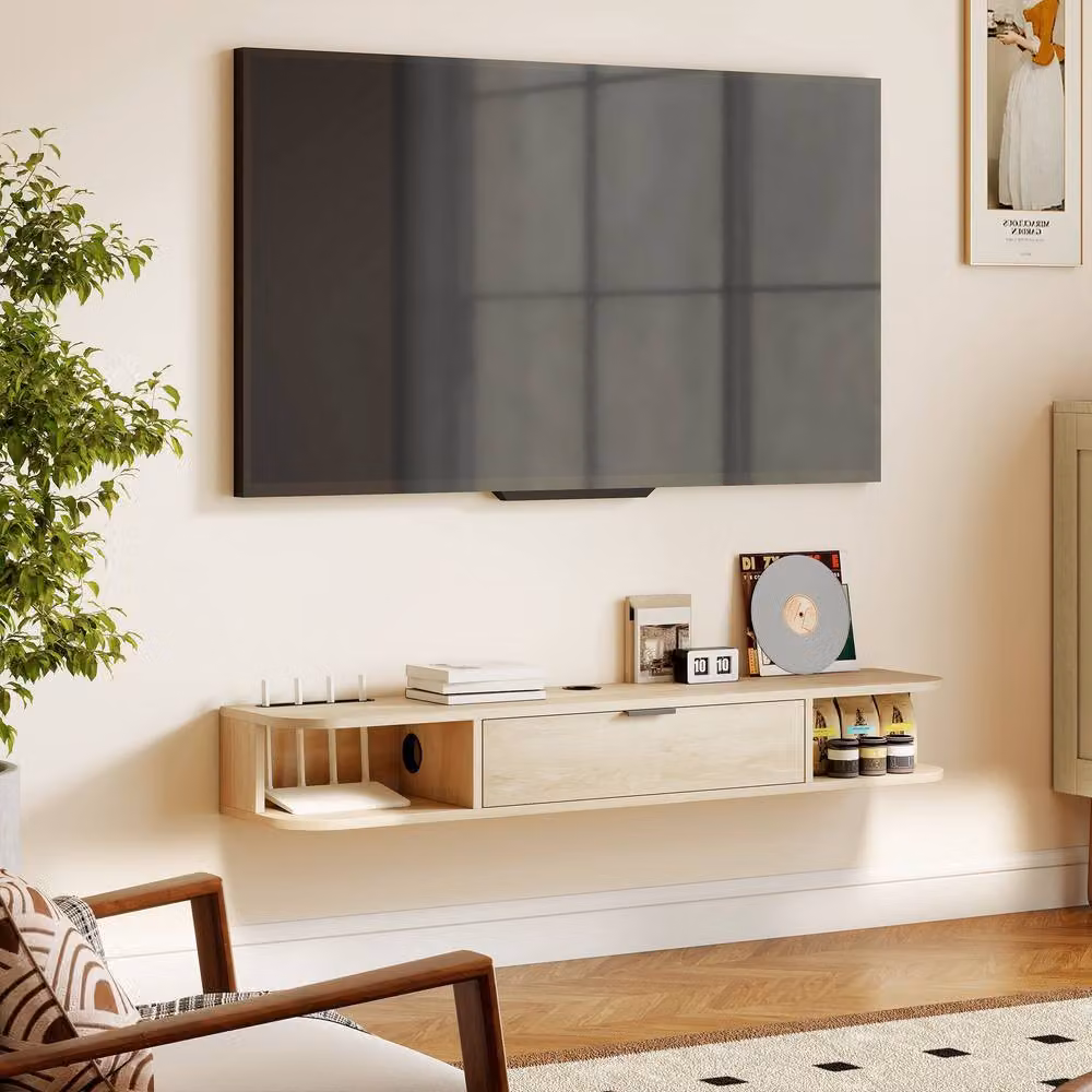 STILVORA Modern Wall Mounted TV Unit with Flip Drawer in Natural Wood Finish, Width: 120 cm – 7