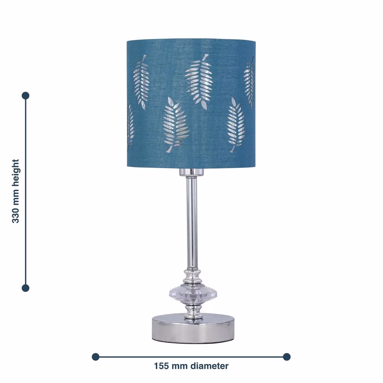 First Choice Lighting Chrome Jewelled Table Lamp with Petrol Blue Fabric Fern Shade in Silver, H 33.0 cm x W 15.5 cm x D 15.5 cm – 3