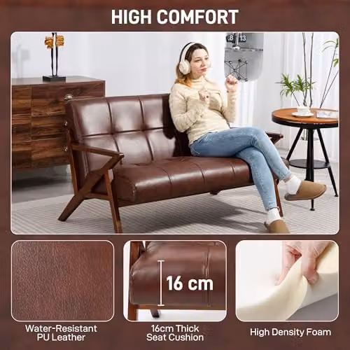 HOMCOM Vintage 2 Seater Compact Sofa in Brown Synthetic Leather with Solid Wood Frame, W/D/H: 133 x 81 x 78.5 cm – 4