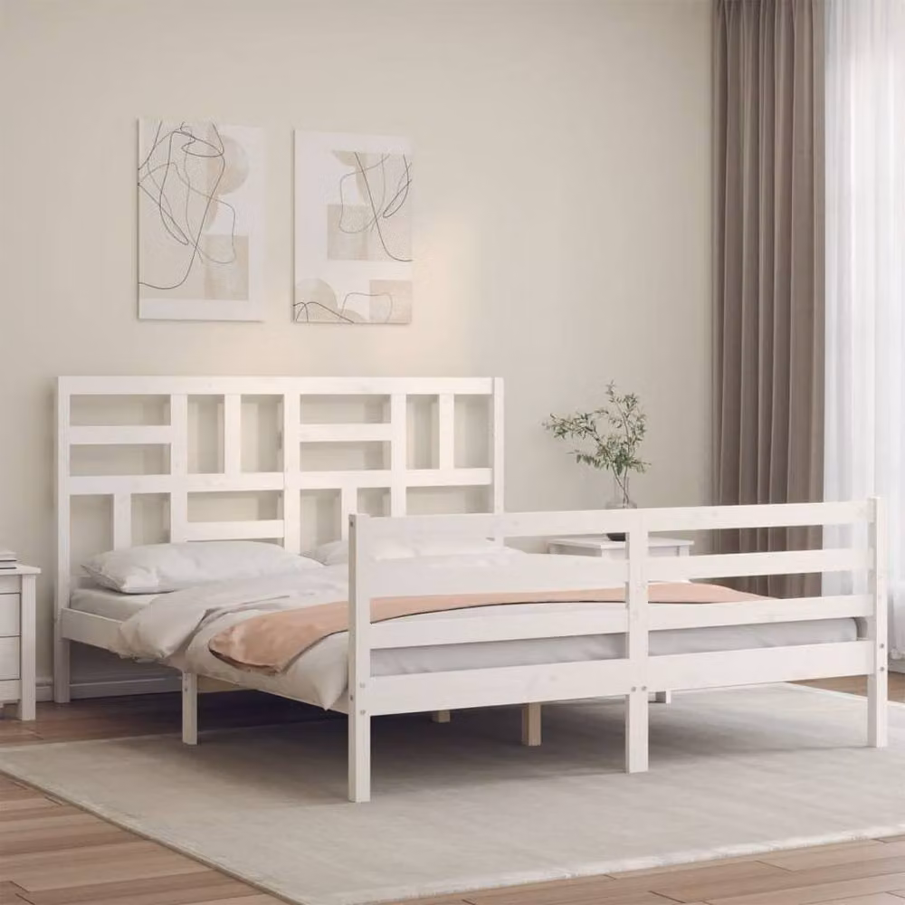 Berkfield Home Beautiful Solid Wood Bed Frame with Headboard in White, W/D/H: 160 x 200 x 104 cm – 2