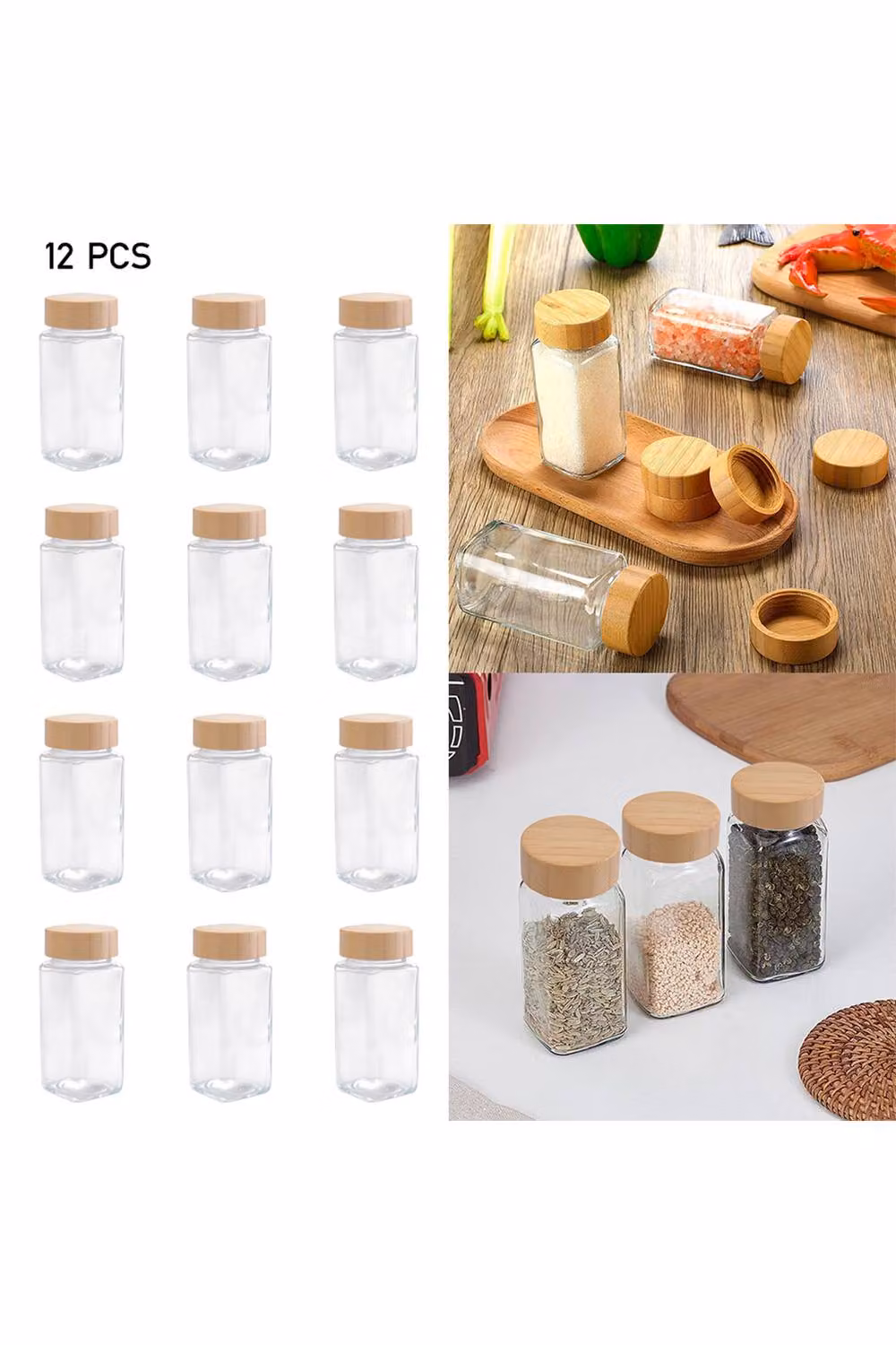 ExtraStar 12-Piece Airtight Glass Spice Jar Set with Bamboo Lids, 120 ml per Jar, Transparent – 4