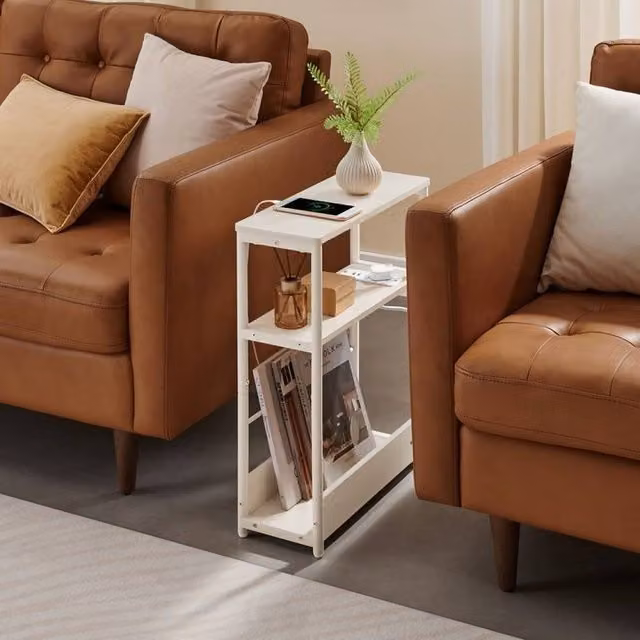 The Bazaarist Slim Nightstand with Charging Station and Magazine Rack, White and Beige, W/D/H: 58.0 x 45.0 x 0 cm