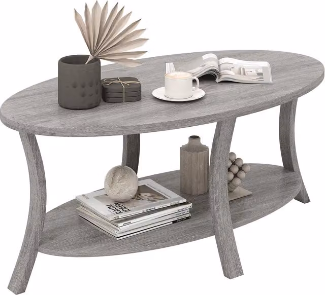 COSTWAY 2-Tier Oval Coffee Table in Grey Rustic Rubberwood