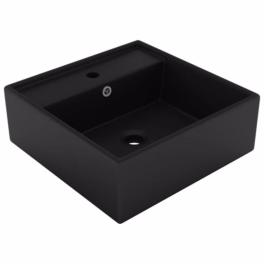 Berkfield Home Luxury Square Ceramic Basin with Overflow in Matt Black, W: 41 cm x D: 41 cm x H: 15 cm – 2